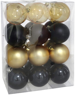 kerstballen - 24x st- 7 cm - zwart/goud - kunststof - Kerstbal Goudkleurig
