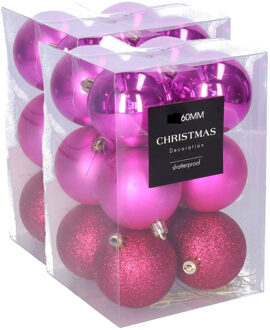 Kerstballen - 24x stuks - 6 cm - fuchsia roze - kunststof - mix - kerstversiering