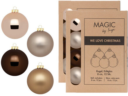 Kerstballen - 24x stuks - bruin tinten - elegant lounge - glas - 8 cm