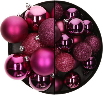 Kerstballen - 26x st - 3 en 7 cm - framboos roze - kunststof - Kerstbal