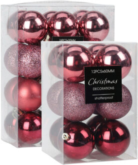 Kerstballen - 28x st - 5 en 6 cm - roze - kunststof - Kerstbal