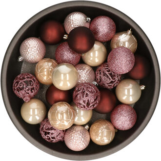 Kerstballen 37x stuks roze/donkerrood/champagne kunststof 6cm - Kerstbal Multikleur