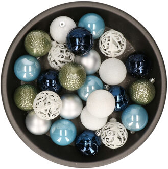 Kerstballen 37x stuks wit/groen/zilver/blauw kunststof 6cm - Kerstbal