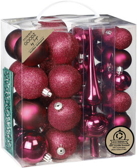 Kerstballen - 39-dlg - 4 en 6 cm - met piek - bessen roze - kunststof