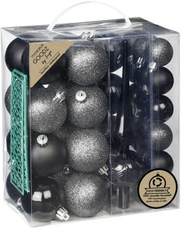 Kerstballen - 39-dlg - 4 en 6 cm - met piek - zwart - kunststof