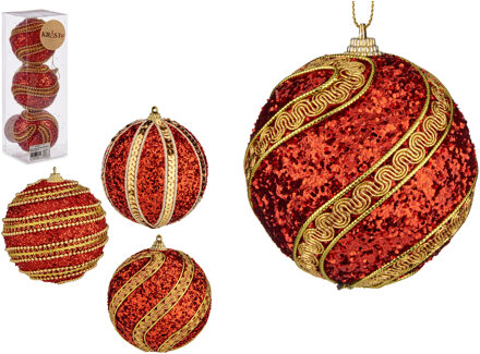 kerstballen - 3x stuks - rood/goud - kunststof - gedecoreerd -8 cm - Kerstbal