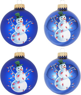 Kerstballen - 4x st - blauw - sneeuwpop - D7 cm - glas - kerstversiering