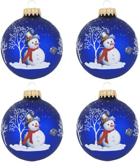 Kerstballen - 4x stuks - blauw - sneeuwpop - glas - 7 cm