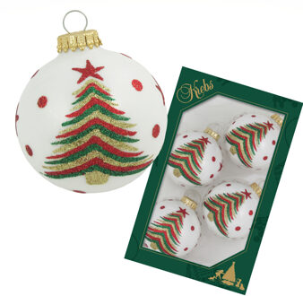 Kerstballen - 4x stuks - wit met kerstboom - glas - 7 cm