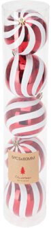 Kerstballen - 5x stuks - 8 cm - rood/wit - strepen - kunststof - kerstversiering