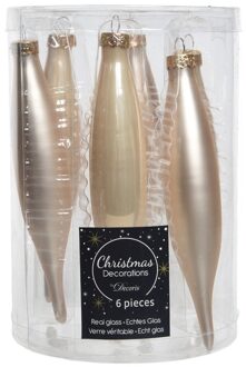 Kerstballen - 6x - champagne - ijspegels - glas - 15 cm - Kersthangers Champagnekleurig