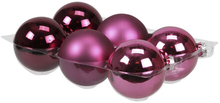 Kerstballen - 6x st - cherry roze - 8 cm - glas - mat/glans - kerstversiering Donkerroze