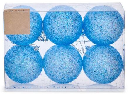 kerstballen - 6x st - helder blauw glitter - kunststof - 8 cm - Kerstbal