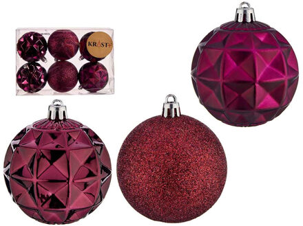 kerstballen - 6x stuks - bordeaux rood - kunststof - gedecoreerd -7 cm - Kerstbal