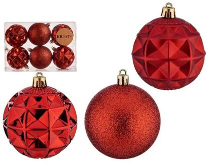 kerstballen - 6x stuks - rood - kunststof - gedecoreerd -7 cm - Kerstbal