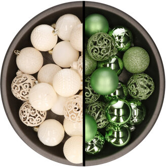 Kerstballen - 74x stuks - wol wit en groen - 6 cm - kunststof - Kerstbal