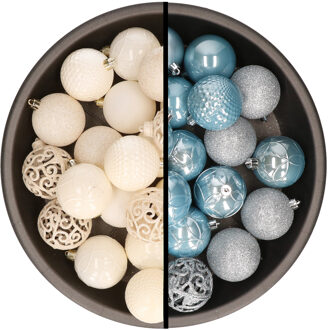 Kerstballen - 74x stuks - wol wit en lichtblauw - 6 cm - kunststof - Kerstbal