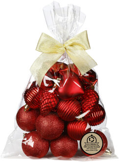 Kerstballen en ornamenten - 30x - kunststof - rood -in giftbag