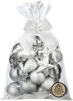 Kerstballen en ornamenten - 30x - kunststof - zilver - in giftbag