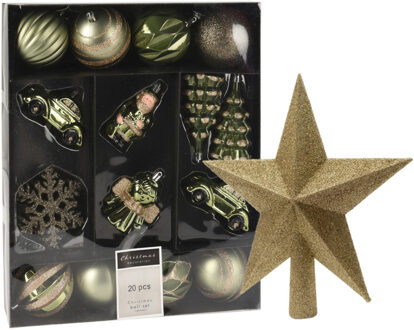 Kerstballen en ornamenten incl. ster piek groen/goud kunststof