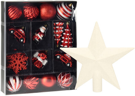 Kerstballen en ornamenten incl. ster piek rood/wit kunststof