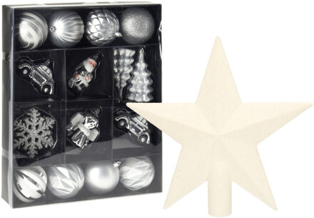 Kerstballen en ornamenten incl. ster piek zilver/wit kunststof