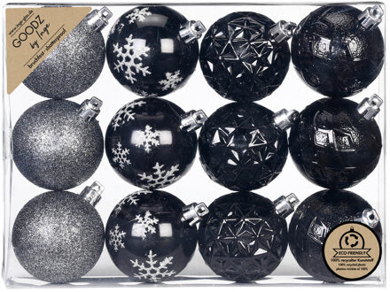 Kerstballen gedecoreerd - 12x st - zwart - 6 cm -kunststof