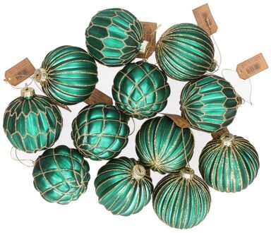 Kerstballen - groen met zilver - 12 stuks - glas - 8 cm - Kerstbal Blauw