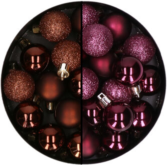 Kerstballen mini - 40x st - aubergine paars en donkerbruin - 3 cm - kunststof