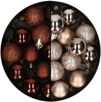 Kerstballen mini - 40x st - champagne en donkerbruin - 3 cm - kunststoff - Kerstbal Champagnekleurig