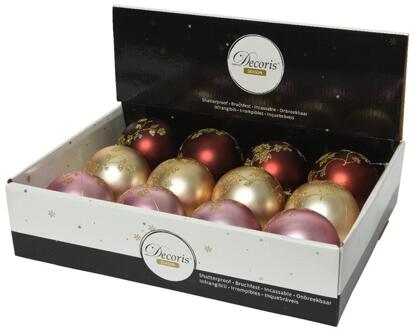 Kerstballen mix 12st goud, rood en roze