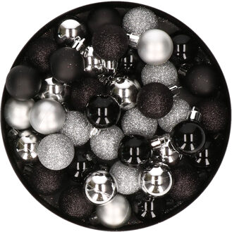 Kerstballen mix - Set van 40x stuks - kunststof - zwart en zilver - Dia 3 cm - Kerstversiering