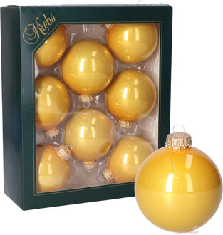 Kerstballen - oker geel - 8x - glas - 7 cm - kerstversiering Okergeel