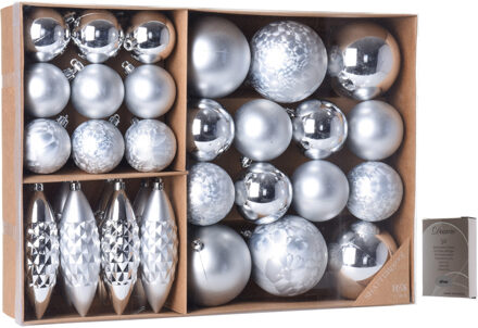 Kerstballen/ornamenten pakket 31x zilver kunststof mix incl. 50x ophanghaakjes