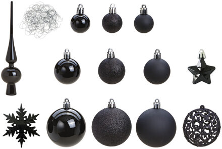 Kerstballen pakket - 111-delig - zwart - kunststof - incl. piek - kerstboomversiering