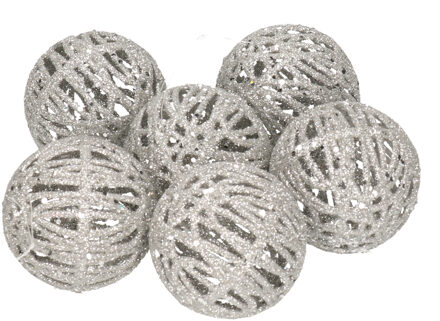 Kerstballen - rotan - 6x st - zilver - D5 cm - glitters - kerstversiering