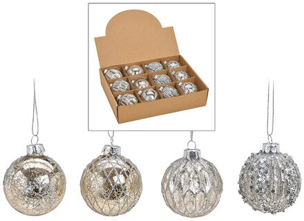 Kerstballen set - 12x stuks - glas - zilver - gedecoreerd - 6 cm - kerstversiering