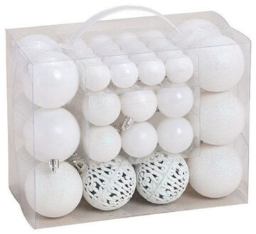 Kerstballen - set 50x st - wit - mix 3, 4 en 6 cm - kunststof - pakket