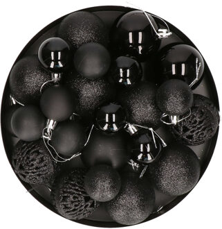 Kerstballen - set 50x st - zwart - mix 3, 4 en 6 cm - kunststof - pakket
