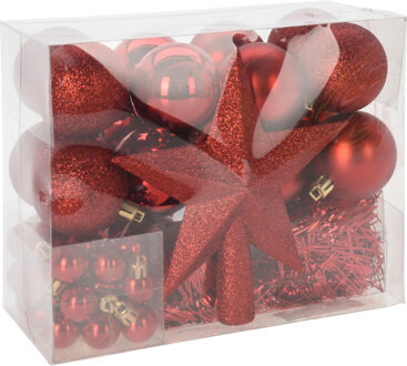 Kerstballen set 54-dlg - met piek - kunststof - rood - voor kleine boom