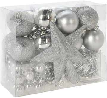 Kerstballen set 54-dlg - met piek - kunststof - zilver - voor kleine boom
