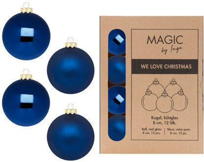 Kerstballen van glas - 12x - nacht blauw- 8 cm -milieubewust verpakt - Kerstbal