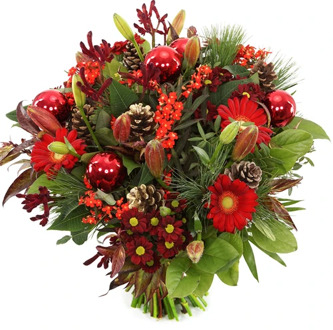 Kerstboeket rood bloemen + kerstdeco