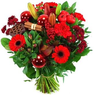 Kerstboeket rood en kerstdeco