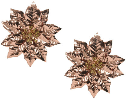 Kerstboom bloem - 2x stuks - op clip - koper - glitter - 24 cm - kunststof - kerstster - kerstversie