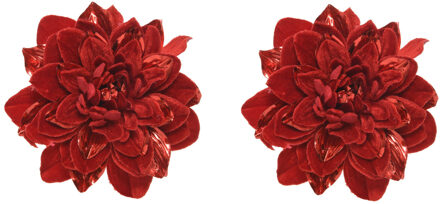 Kerstboom bloem - 2x stuks - op clip - rood - 16 cm - kunststof - kerstversiering