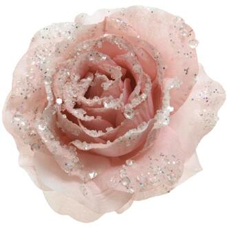 Kerstboom decoratie roos poeder roze 14 cm - Kunstbloemen