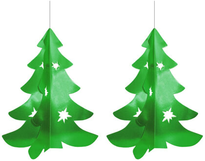 Kerstboom hangdecoratie - Set van 2x stuks - groen - 50 cm - papier - brandvertragend - kerstversier