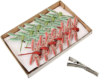 Kerstboom libellen op clip - 24x st- rood en groen - 10,5 cm -kunststof