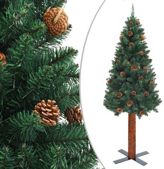 Kerstboom met echt hout en dennenappels smal 150 cm PVC groen